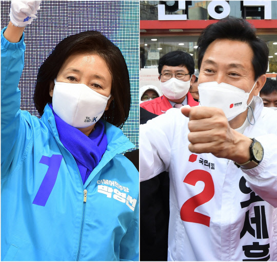 4·7 재·보궐선거를 하루 앞둔 6일 박영선 민주당 서울시장 후보와 오세훈 국민의힘 서울시장 후보가 각각 종로구 세종대로 인근 동화면세점과 노원구 상계백병원 앞에서 시민들에게 인사하며 지지를 호소하고 있다. 국회사진기자단=연합뉴스